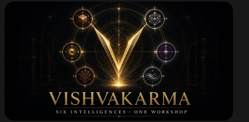 Vishvakarma emblem surrounded by six illuminated symbols